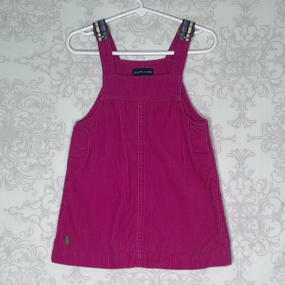 RALPH LAUREN HOT PINK & RAINBOW STRIPE STRAPS CORDUROY DRESS SIZE 18M - Picture 1 of 11